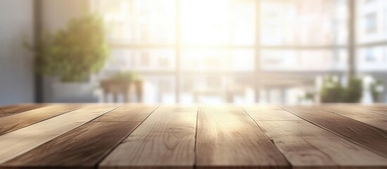 Poster - elegant wooden desk with spacious surface and softly blurred kitchen backdrop perfect for product di