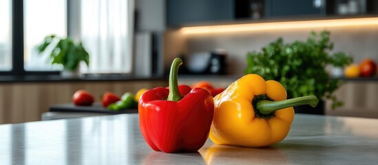 Wall Mural - Modern kitchen interior with colorful peppers on the table highlighting stylish decor and culinary creativity in a bright dining space