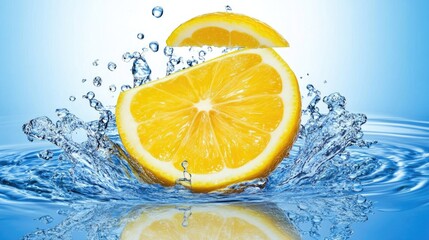 Poster - fresh lemon slice splashing into clear water creating ripples on a vibrant blue background ideal for