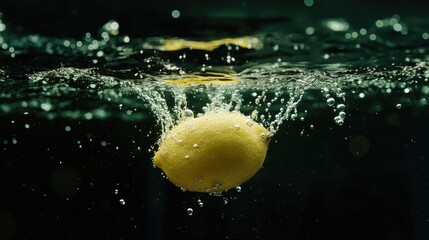 Poster - lemon splashing into water creating bubbles with dark background enhancing the freshness and vibranc