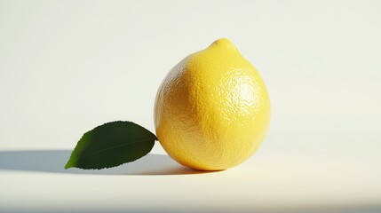 Poster - fresh lemon fruit with green leaf isolated on light background showcasing vibrant color and natural 