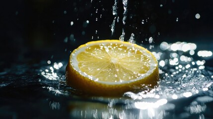Poster - lemon slice illuminated against a black background with water droplets creating a refreshing and vib