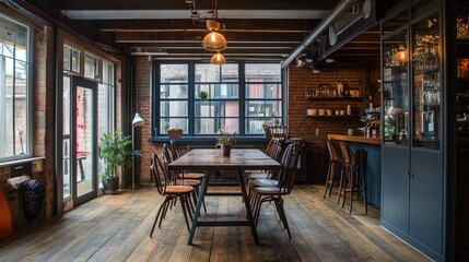 Poster - Indoor dining area with an industrial-style table and chairs
