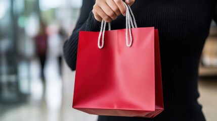 A woman is holding a red shopping bag