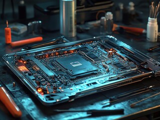 Poster - Close-up of a high-tech circuit board illuminated with blue and orange lights, surrounded by tools.