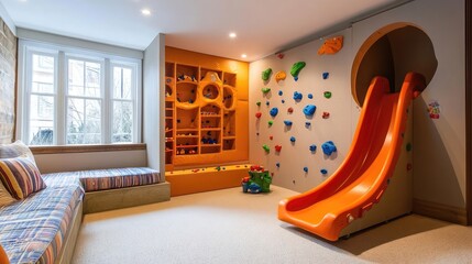 Poster - Indoor play area with a small climbing wall and slide