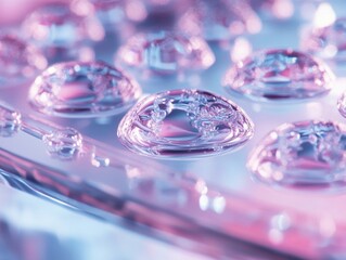 Poster - Close-up of shimmering water droplets on a shiny surface, creating a dreamy pink and blue abstract effect.