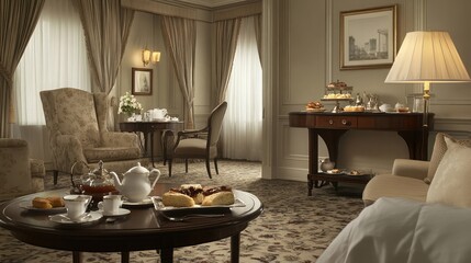 Poster - In-room afternoon tea setup with delicate pastries, sandwiches, and fine china