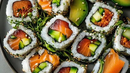 Wall Mural - Delicious sushi rolls featuring fresh fish, vegetables, and seafood on vibrant plate