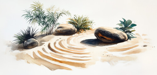 A tranquil zen garden with raked sand patterns and watercolor splashes of stones and plants.