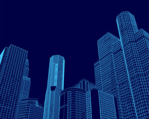 Poster - City skyline is shown in blue with a dark sky. The buildings are tall and the city appears to be at night