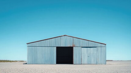 Poster - Large metal storage shed or garage with an open door, placed on a gravel surface under a clear blue sky