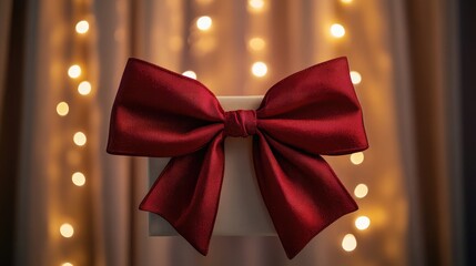 Wall Mural - Large red Christmas bow on a beautifully wrapped gift box with sparkling lights in the background