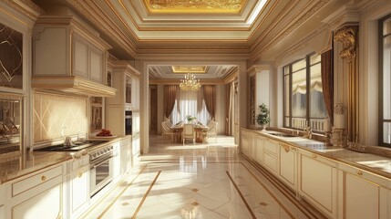 Poster - Luxury mansion kitchen interior with high-end modern design. Elegant materials and spacious layout, 3D render. Residential inspiration for premium home designs.