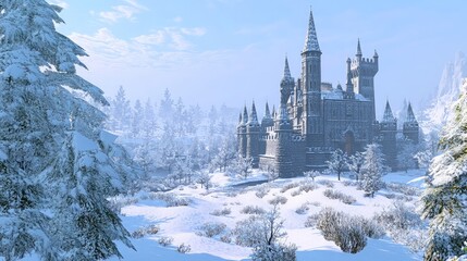Poster - Majestic castle surrounded by a winter wonderland of snow-covered trees