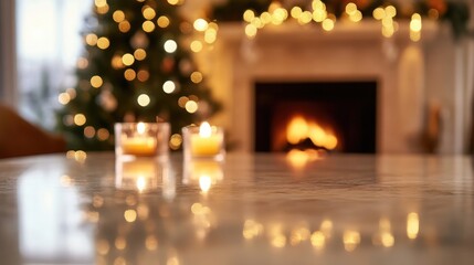 Wall Mural - Marble countertop with a blurry background featuring a fireplace, candles, and a festive holiday tree