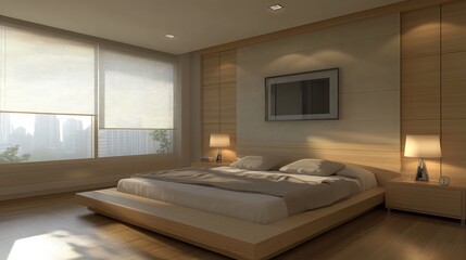Poster - Minimalist bedroom with a platform bed and neutral tones