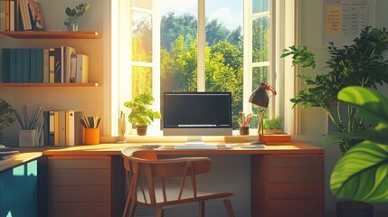 Poster - Minimalist home office workspace with bright decor, 3D render. Organized desk layout with natural lighting and clean tones. Professional yet cozy design for productivity themes.