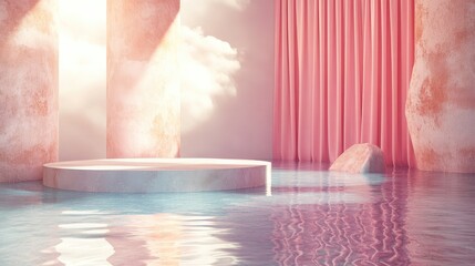 Poster - Minimalist podium scene with water reflections and waving pastel curtains, 3D render