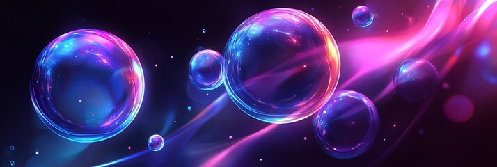 Poster - Colorful bubbles floating in vibrant light patterns against a dark background at night