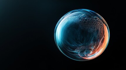 Poster - Colorful soap bubble suspended in dark space with swirling patterns and reflections
