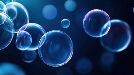 Poster - bubbles floating in a dark environment illuminated by soft blue light create a serene and magical at