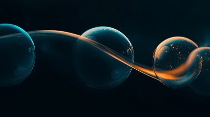 Poster - Colorful soap bubbles floating and connecting in a dark space with glowing trails in the background