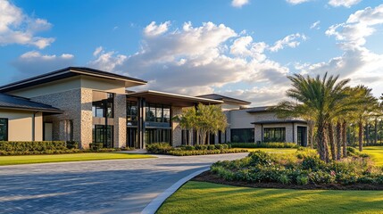 Poster - Modern golf clubhouse exterior with elegant architecture and landscaping