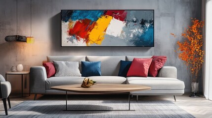 Poster - Modern living room with a cozy sofa, coffee table, and abstract wall art