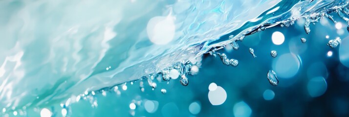 Poster - captivating water surface with shimmering droplets and soft bokeh lights in a serene underwater sett