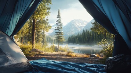 Poster - Morning view from inside a camping tent, overlooking a tranquil nature scene