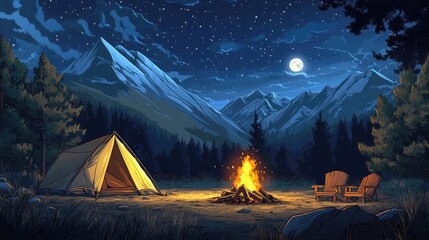 Poster - Mountain campsite with a blazing bonfire, tent, and chairs under a starry night sky