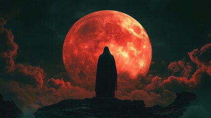 Poster - Mystical depiction of a cloaked figure standing before an enormous glowing red moon