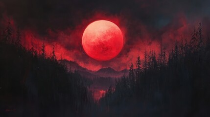 Poster - Mystical painting of a red moon rising over a shadowy forest, casting crimson light over treetops and valleys