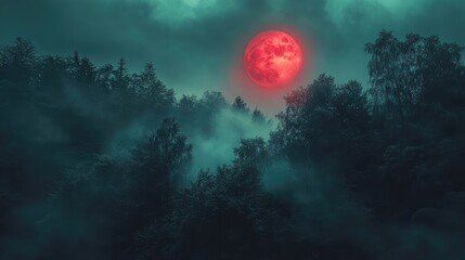 Poster - Mystical forest landscape with a glowing red moon casting eerie light through dense trees and mist