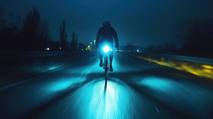 Poster - Nighttime ride with a glowing bike light illuminating the road ahead