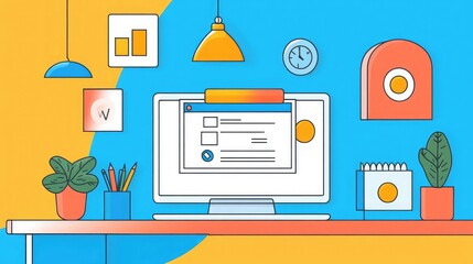Poster - Office workspace with a laptop and notepad, depicting efficient business planning