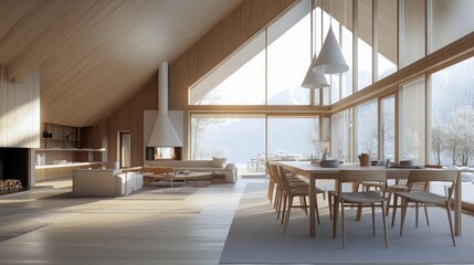 Poster - Open-plan modern Scandinavian apartment with dining and living areas. Light wood finishes and panoramic windows, 3D rendering. Aesthetic harmony in contemporary home interiors.