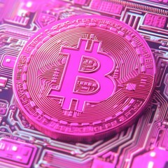 Poster - A vibrant pink Bitcoin symbol prominently displayed on a digital circuit board.