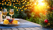 © Pixel Alchemist - festive gourmet meal with fruits on table, surrounded by holiday lights