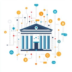 Poster - Illustration of a blue and white bank surrounded by cryptocurrency symbols and digital connections.