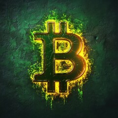 Poster - Vibrant Bitcoin logo glowing against a textured green background.