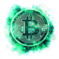 Poster - Abstract representation of a Bitcoin symbol with a vibrant green watercolor background.