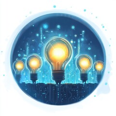 Poster - Illuminated light bulbs representing innovative ideas and technology against a dark blue digital background.
