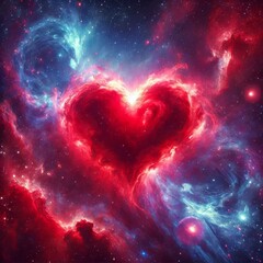 glowing red heart-shaped nebula in outer space with swirling purple and blue gases, symbolizing love