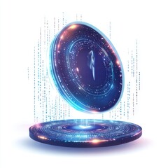 Poster - Futuristic digital coin with glowing blue and purple elements, symbolizing cryptocurrency and technology.
