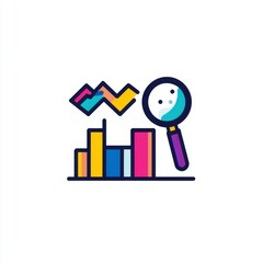 Poster - Colorful data analysis illustration with a magnifying glass examining bar graphs and line charts.