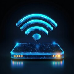 Poster - A futuristic glowing smartphone with a bright blue WiFi signal over it, symbolizing connectivity.