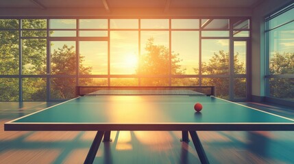 Wall Mural - Ping-pong table setup in a brightly lit recreational area