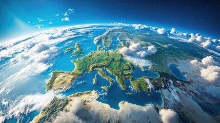 Poster - Planet Earth in space with realistic clouds and continents. Europe, Africa, and Asia regions highlighted, 3D render. Perfect for global and environmental presentations.
